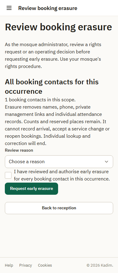 Administrator reviews the explicit booking erasure scope