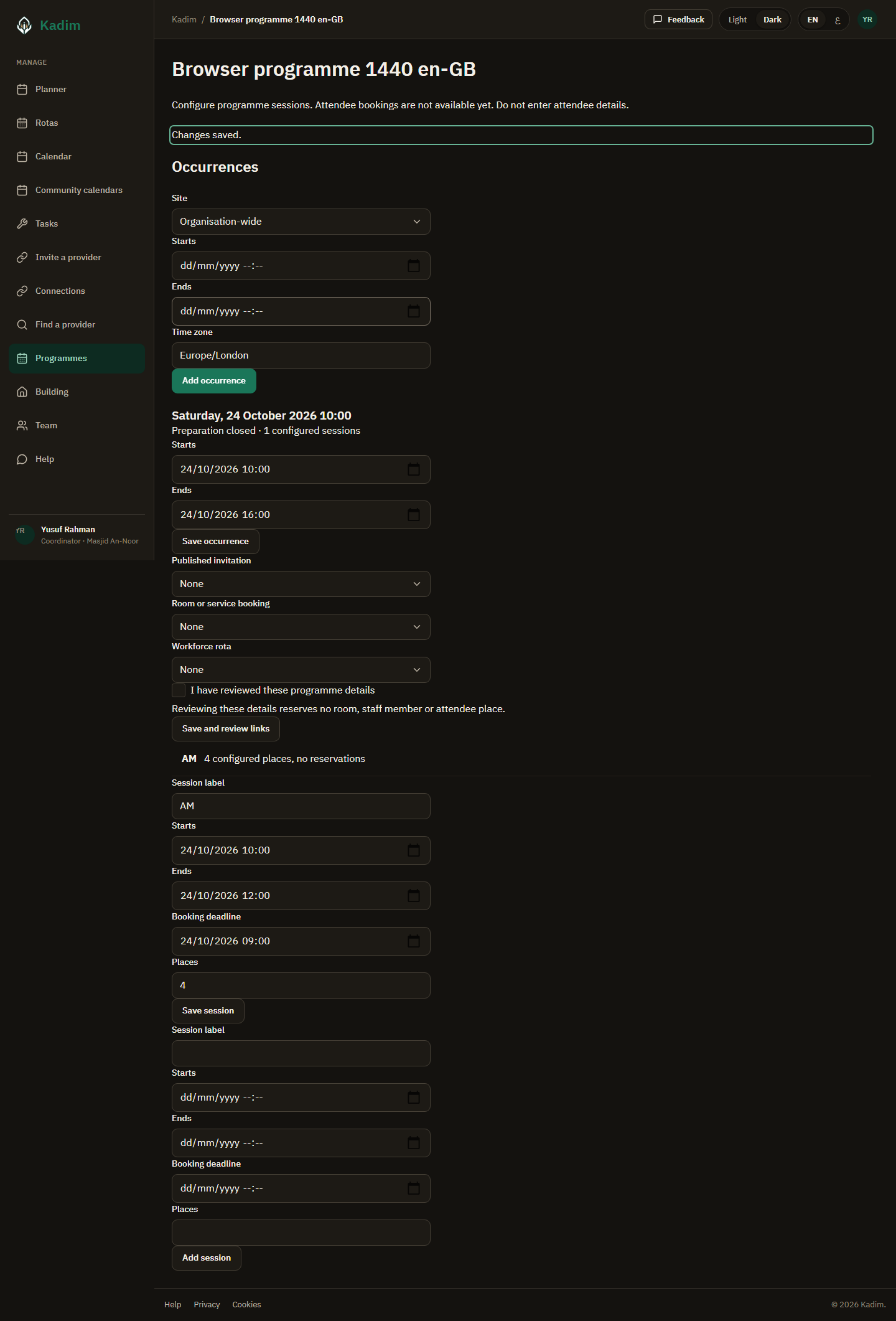 Configured programme sessions; dates and places, with no attendee bookings