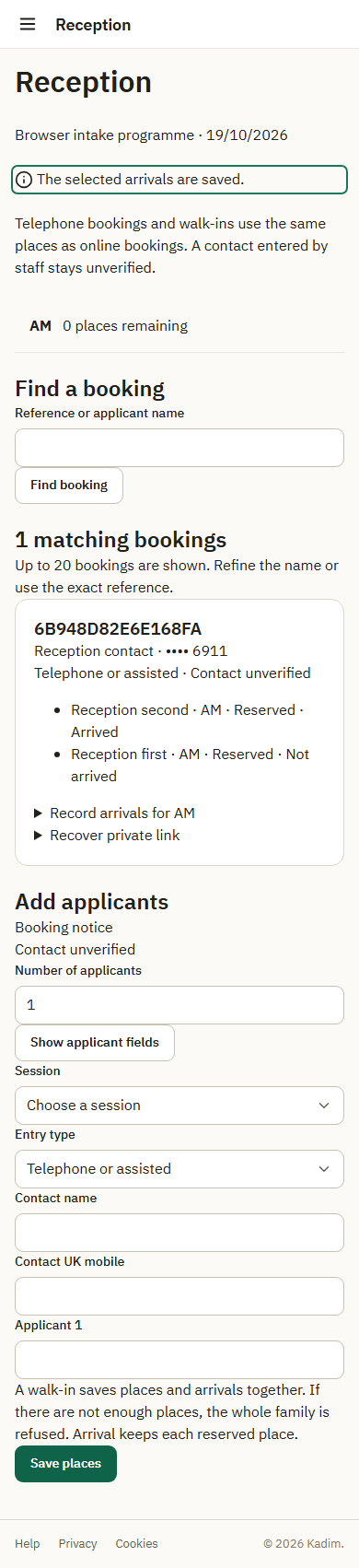 Selected booked arrival saved in reception