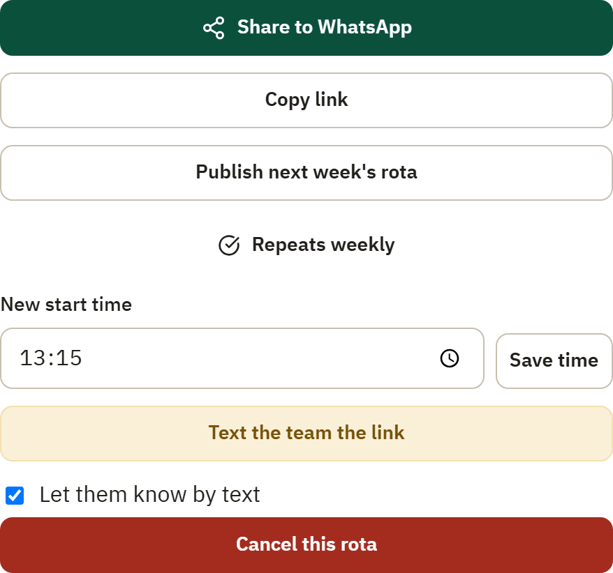 The ⋯ Rota actions sheet on the coordinator board